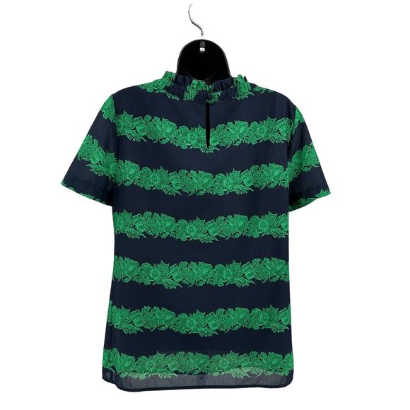 J.Crew Ruffle Crew Neck Top WMN 4 Navy Blue/Green Beanstalk Stripe A9171 Blouse - Picture 7 of 11